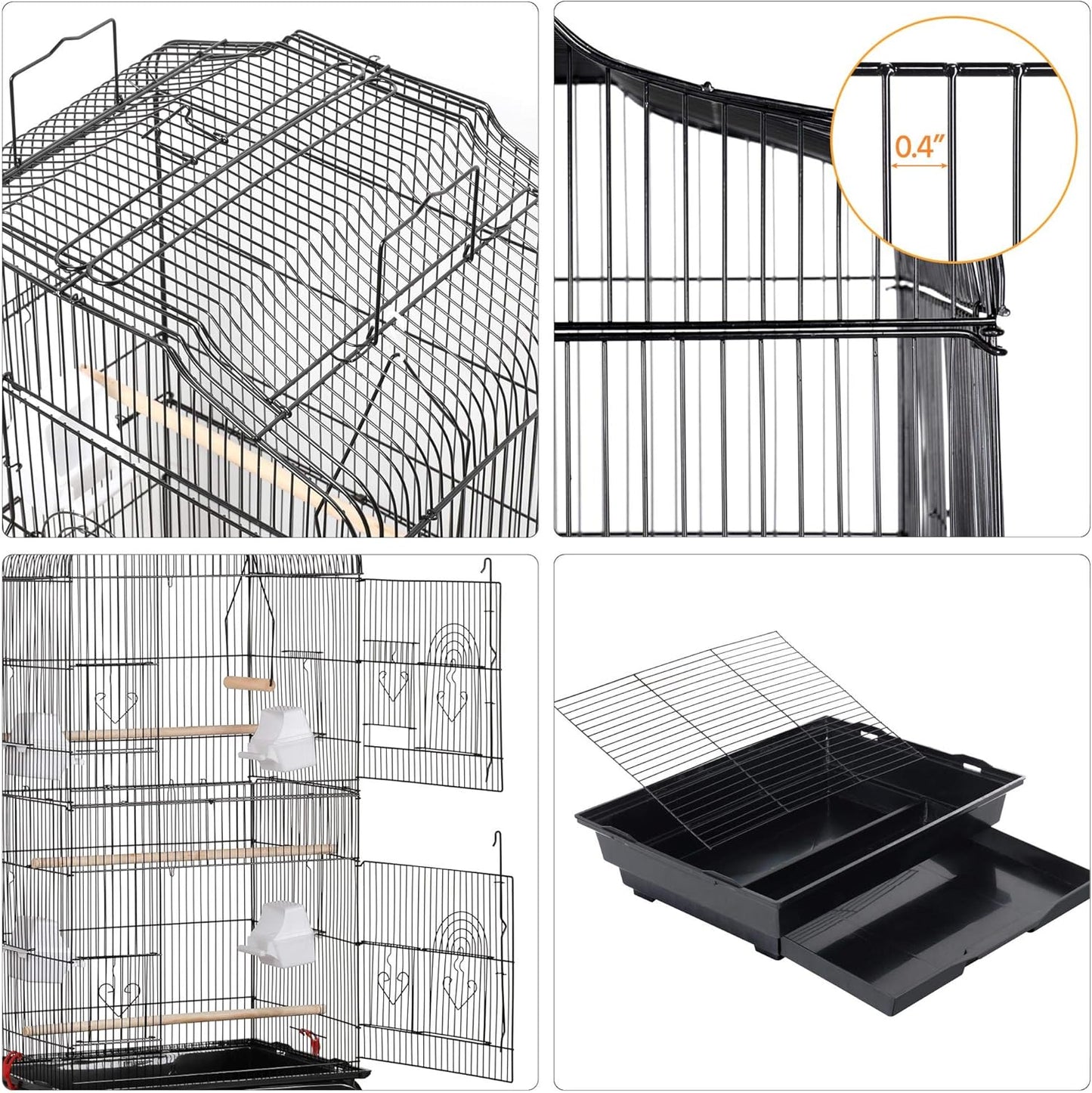 41" Portable Hanging Medium Size Bird Cage for Small Parrots Cockatiels Sun Quaker Parakeets Green Cheek Conures Finches Canary Budgies Lovebirds Travel Bird Cage, Black