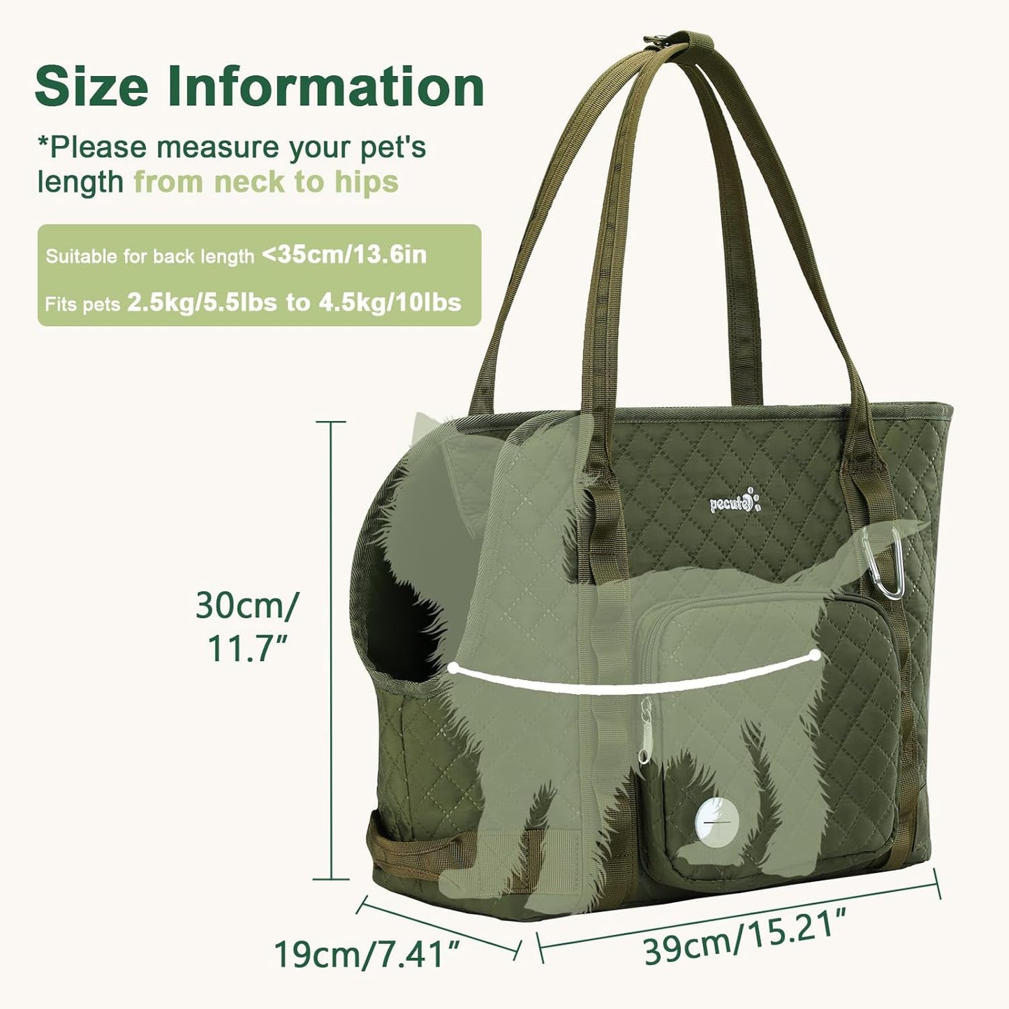Cat Carrier Purse with Pockets, Dog Carrier with Soft-Sided, Pet Carrier Purse,Suitable for Outing and Travel, Green
