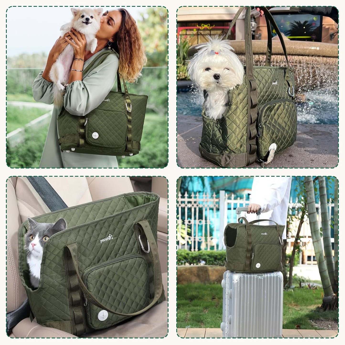 Cat Carrier Purse with Pockets, Dog Carrier with Soft-Sided, Pet Carrier Purse,Suitable for Outing and Travel, Green