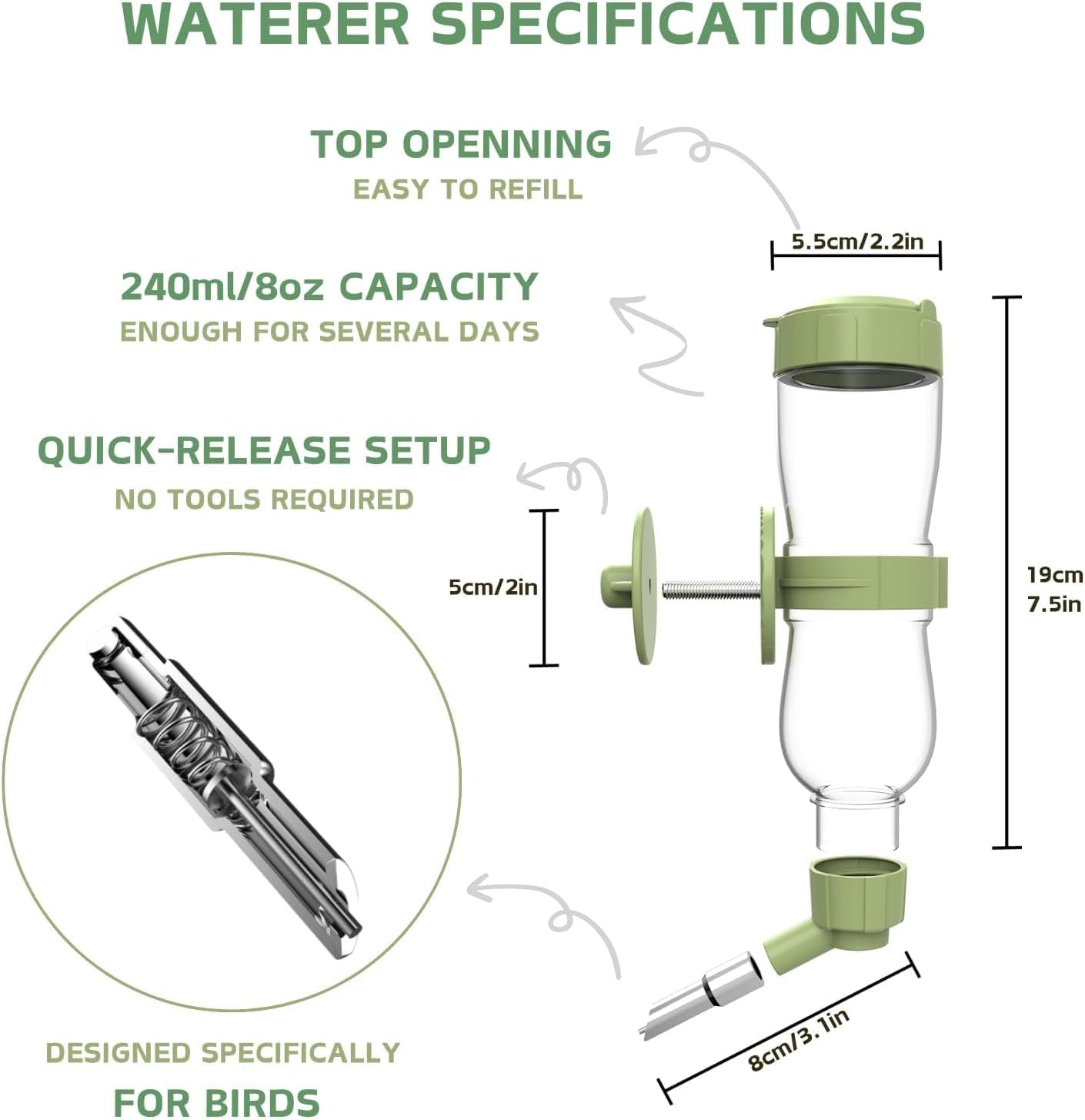 No Mess Bird Feeder Water Dispenser Set, Automatic Cage Feeder with Perch for Parakeet Canary Cockatiel Finch Budgie (Green)