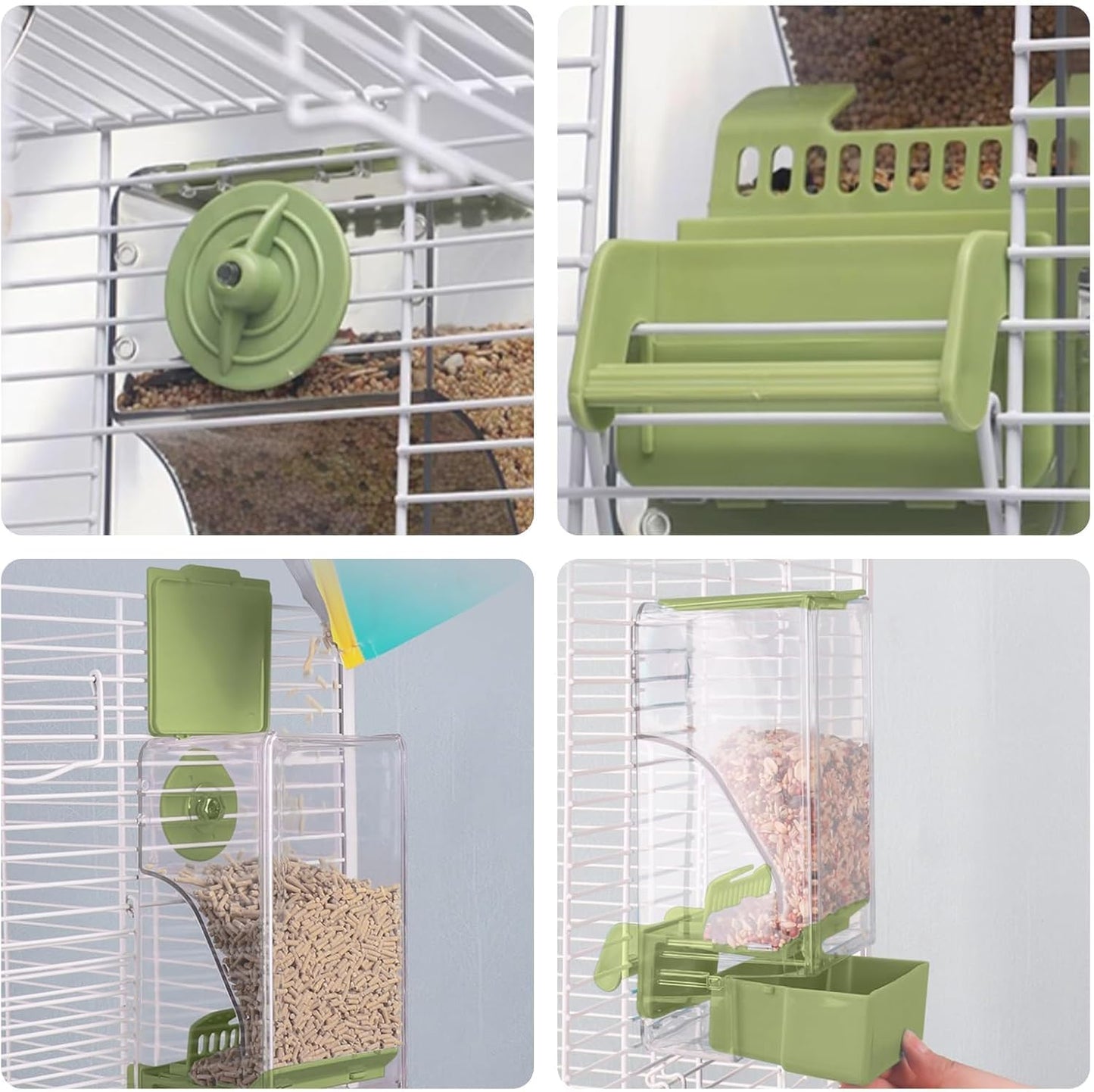 No Mess Bird Feeder Water Dispenser Set, Automatic Cage Feeder with Perch for Parakeet Canary Cockatiel Finch Budgie (Green)