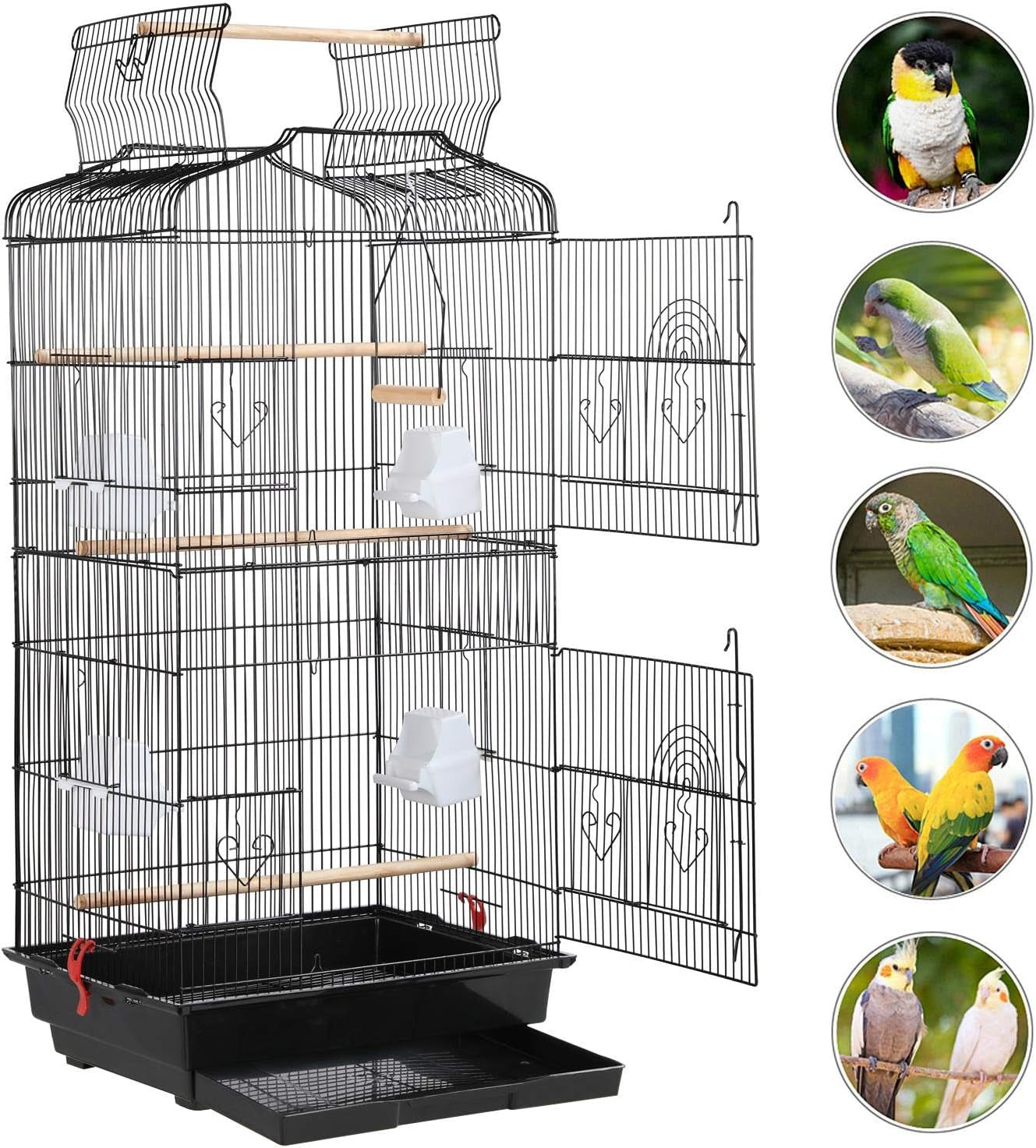 41" Portable Hanging Medium Size Bird Cage for Small Parrots Cockatiels Sun Quaker Parakeets Green Cheek Conures Finches Canary Budgies Lovebirds Travel Bird Cage, Black