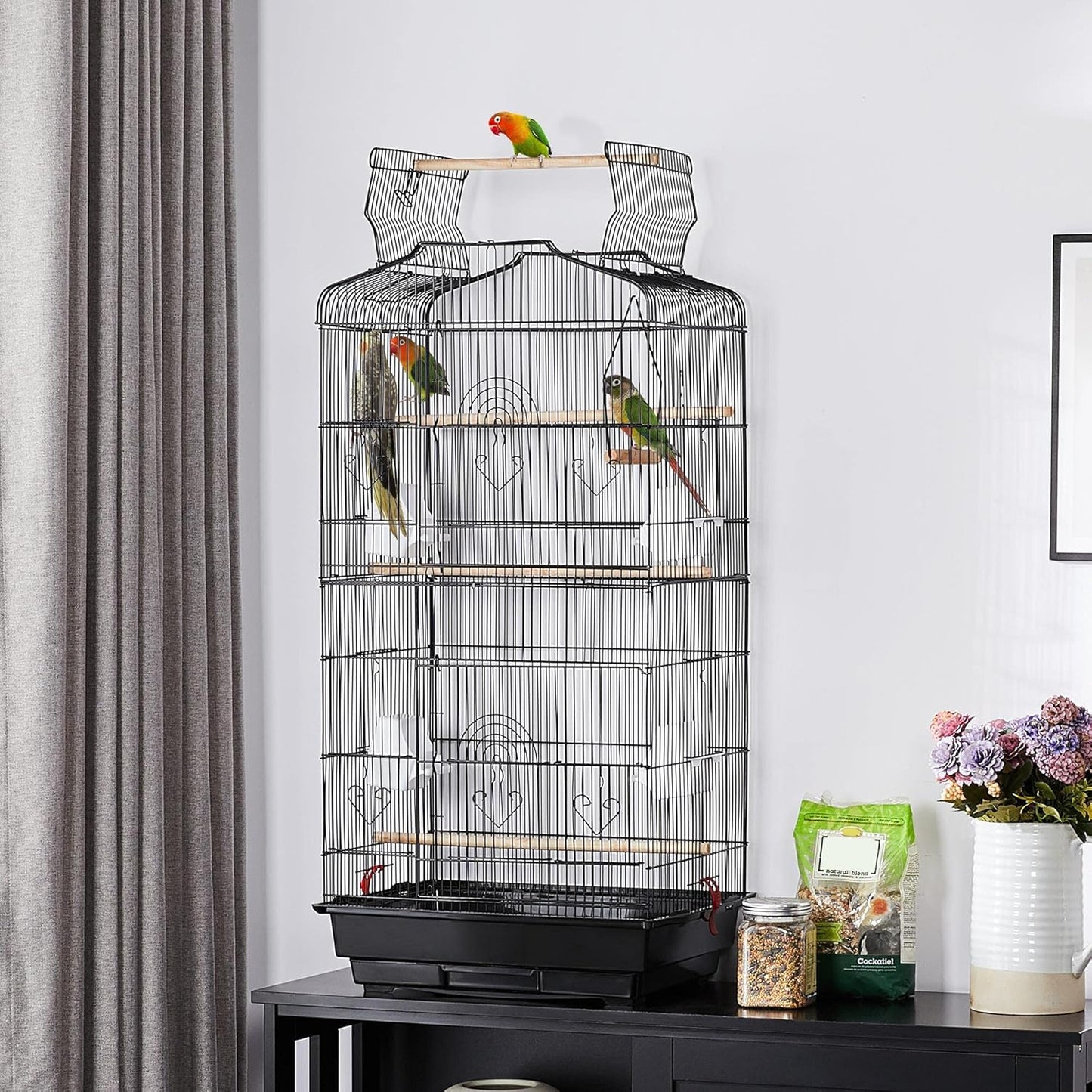 41" Portable Hanging Medium Size Bird Cage for Small Parrots Cockatiels Sun Quaker Parakeets Green Cheek Conures Finches Canary Budgies Lovebirds Travel Bird Cage, Black