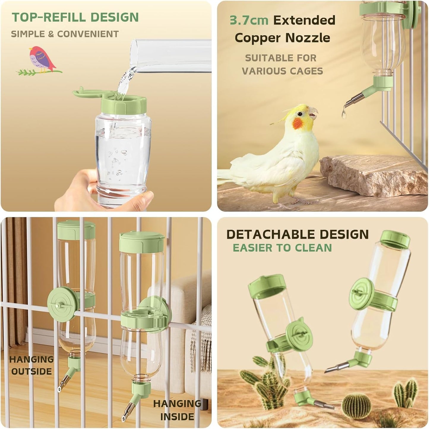 No Mess Bird Feeder Water Dispenser Set, Automatic Cage Feeder with Perch for Parakeet Canary Cockatiel Finch Budgie (Green)