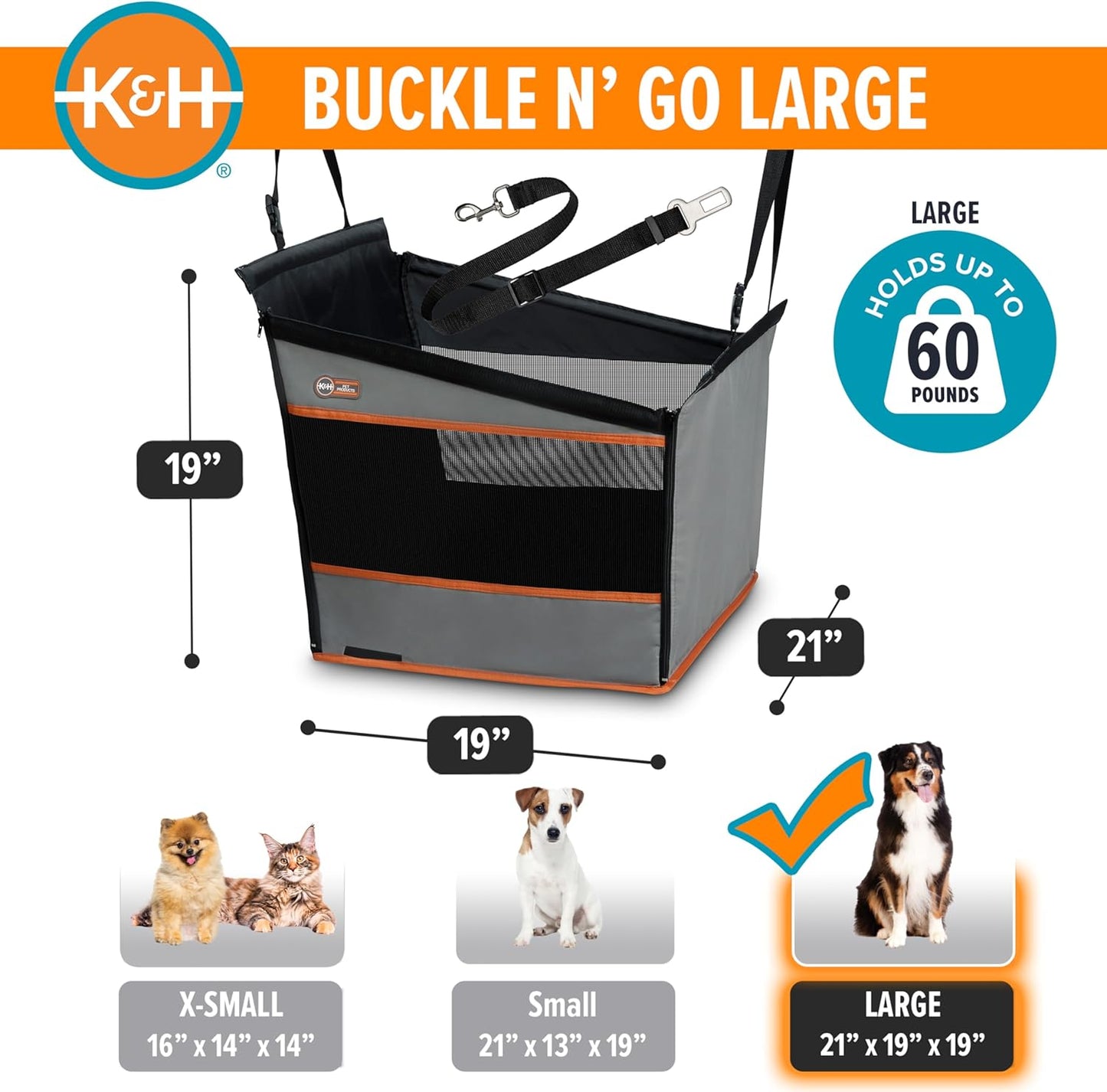 Pet Products Buckle N Go Dog Car Seat for Large Dogs, Waterproof Fabric, Breathable Mesh Sides, Adjustable Seat Belt Leash, Carseat for Medium to Large Pets, Car Seat Cover - 21 X 19 X 19In