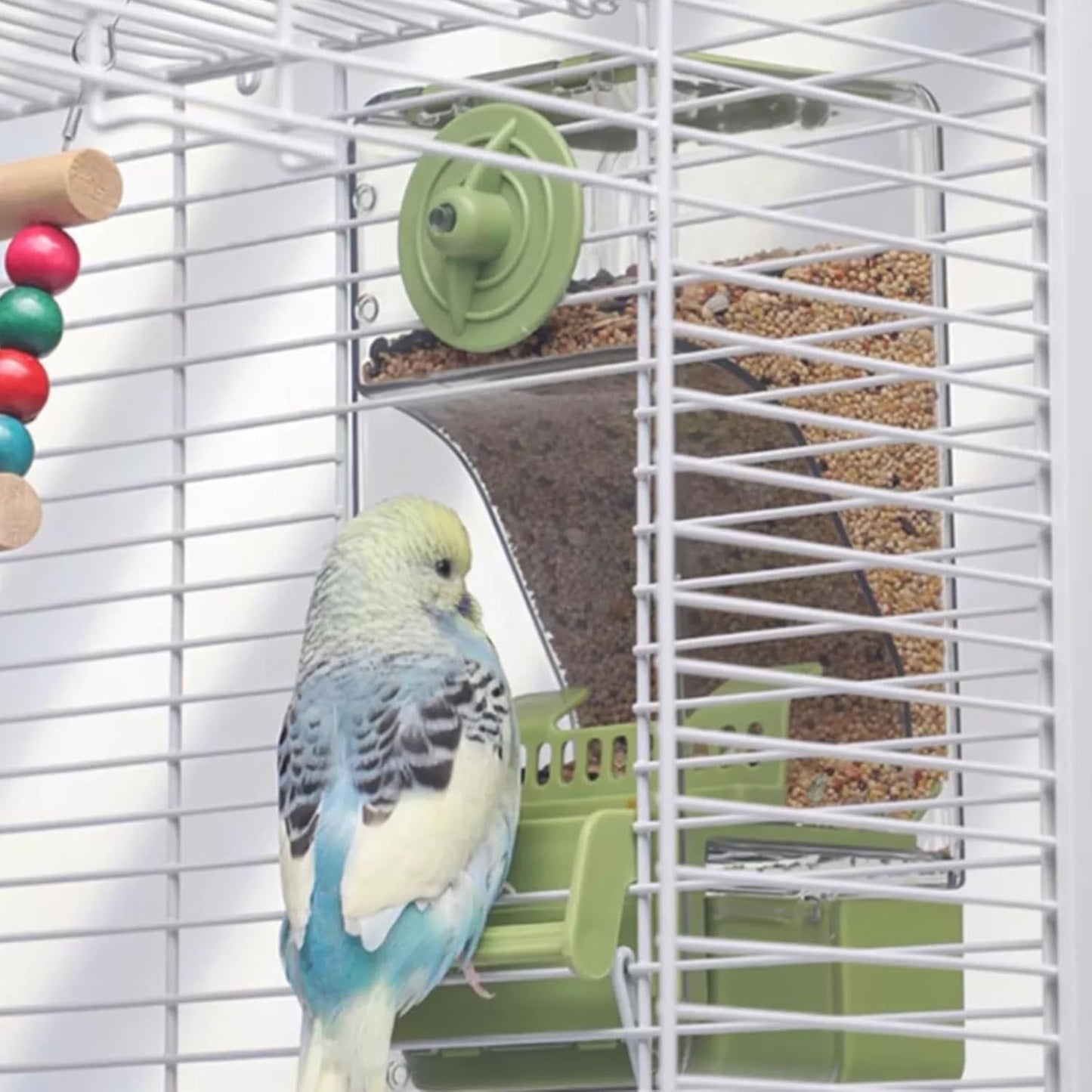 No Mess Bird Feeder Water Dispenser Set, Automatic Cage Feeder with Perch for Parakeet Canary Cockatiel Finch Budgie (Green)