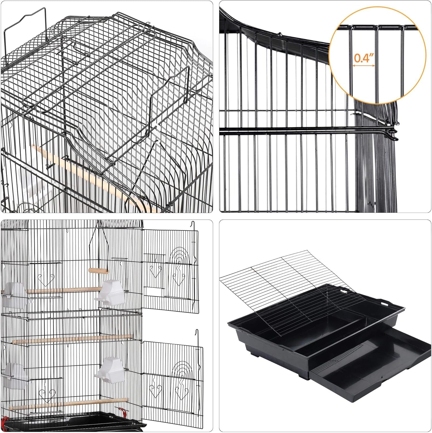 41" Portable Hanging Medium Size Bird Cage for Small Parrots Cockatiels Sun Quaker Parakeets Green Cheek Conures Finches Canary Budgies Lovebirds Travel Bird Cage, Black