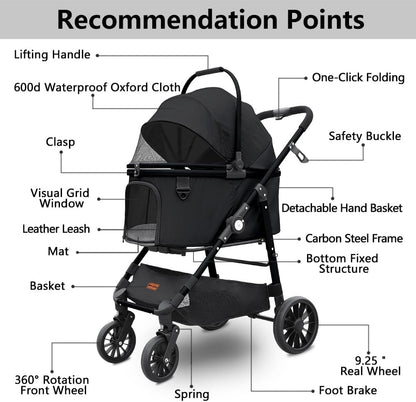 Extra Large Pet Stroller, Jumbo Dog Stroller Fits 3 Small Pets up to 50Lbs, Heavy-Duty Stable Strollers with Shock Absorbing Wheels & Locking Brakes, for Walking, Jogging, Vet Visits