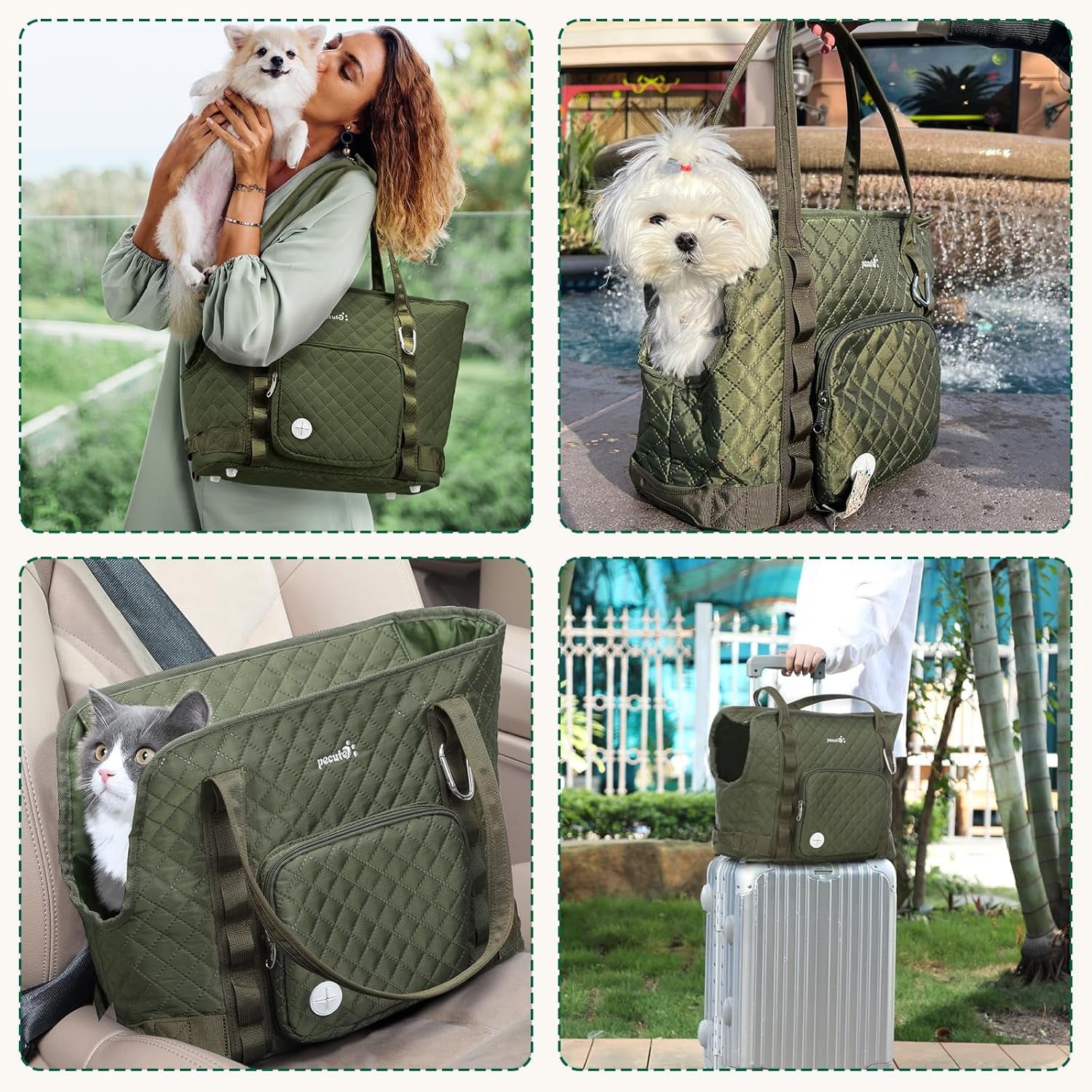 Cat Carrier Purse with Pockets, Dog Carrier with Soft-Sided, Pet Carrier Purse,Suitable for Outing and Travel, Green