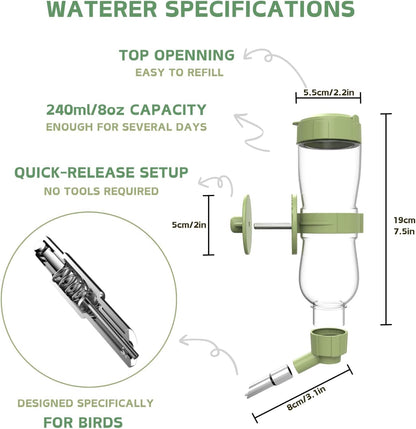 No Mess Bird Feeder Water Dispenser Set, Automatic Cage Feeder with Perch for Parakeet Canary Cockatiel Finch Budgie (Green)
