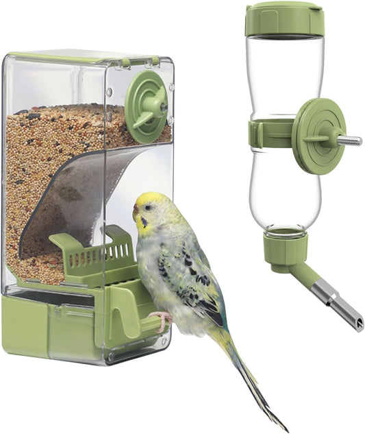 No Mess Bird Feeder Water Dispenser Set, Automatic Cage Feeder with Perch for Parakeet Canary Cockatiel Finch Budgie (Green)
