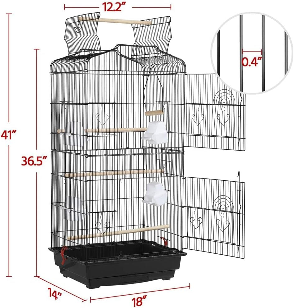 41" Portable Hanging Medium Size Bird Cage for Small Parrots Cockatiels Sun Quaker Parakeets Green Cheek Conures Finches Canary Budgies Lovebirds Travel Bird Cage, Black