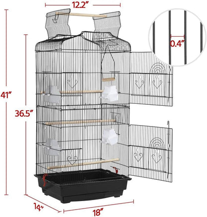 41" Portable Hanging Medium Size Bird Cage for Small Parrots Cockatiels Sun Quaker Parakeets Green Cheek Conures Finches Canary Budgies Lovebirds Travel Bird Cage, Black